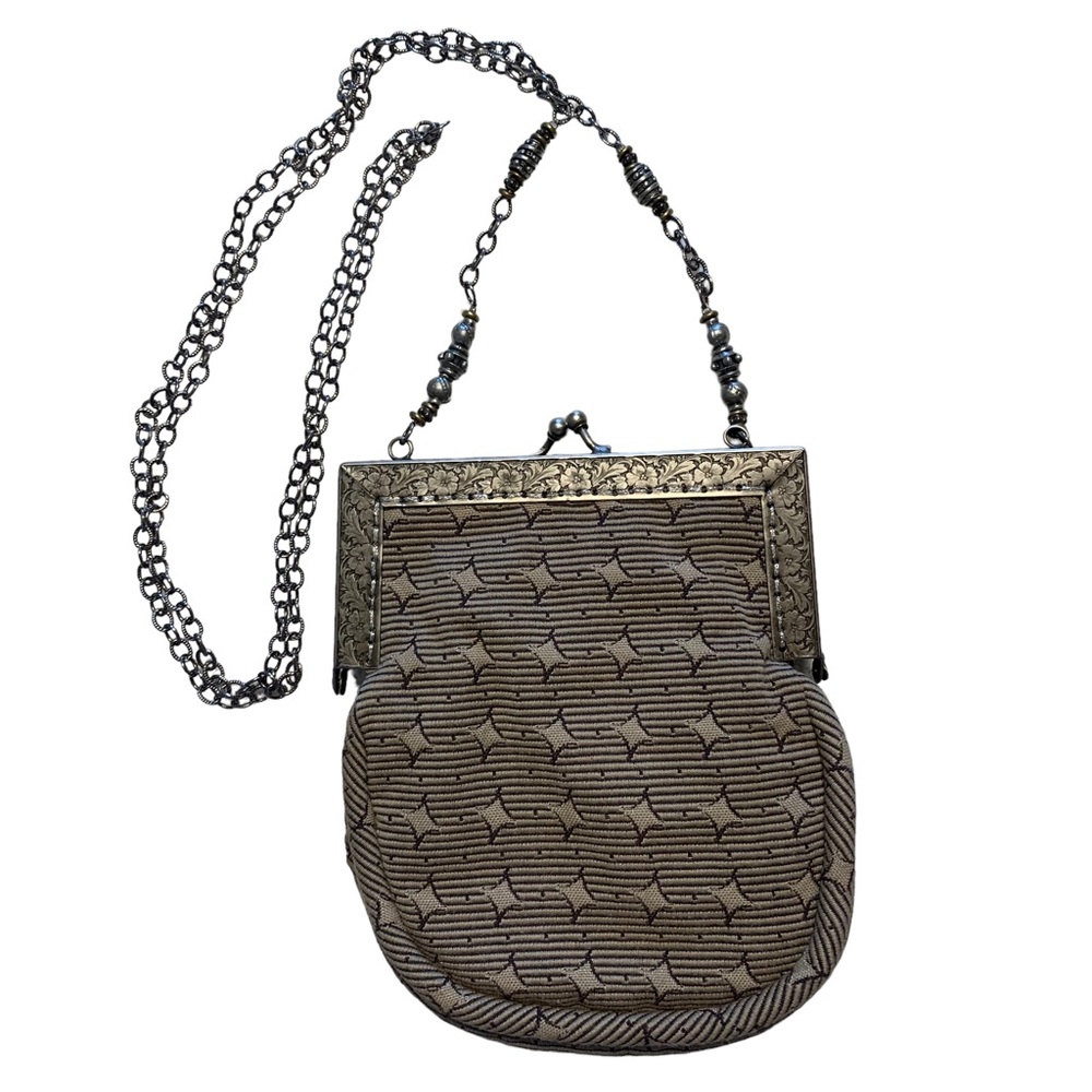 Vtg Caryne Shaye Evening Boho Bag Purse Crossbody Ecru Silver Thread Flowers